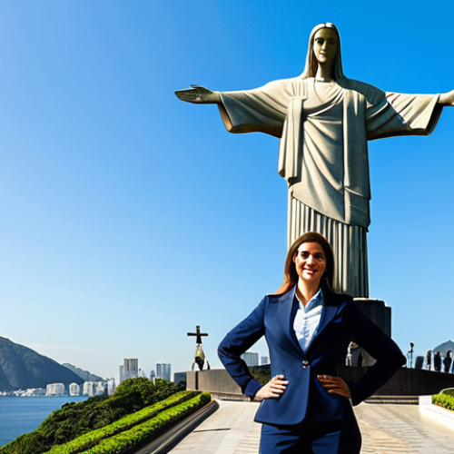 Home 4 **
"A professional businesswoman in a modest business suit, standing confidently in front of the iconic Christ the Redeemer statue in Rio de Janeiro, Brazil, fully clothed, appropriate attire, safe for work, perfect anatomy, natural proportions, professional photography, high quality, bright daylight, clear sky."
**
