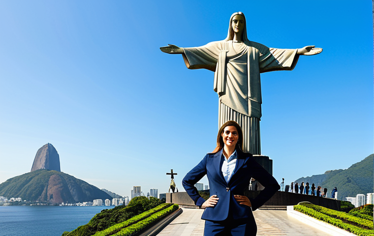 **

"A professional businesswoman in a modest business suit, standing confidently in front of the iconic Christ the Redeemer statue in Rio de Janeiro, Brazil, fully clothed, appropriate attire, safe for work, perfect anatomy, natural proportions, professional photography, high quality, bright daylight, clear sky."

**