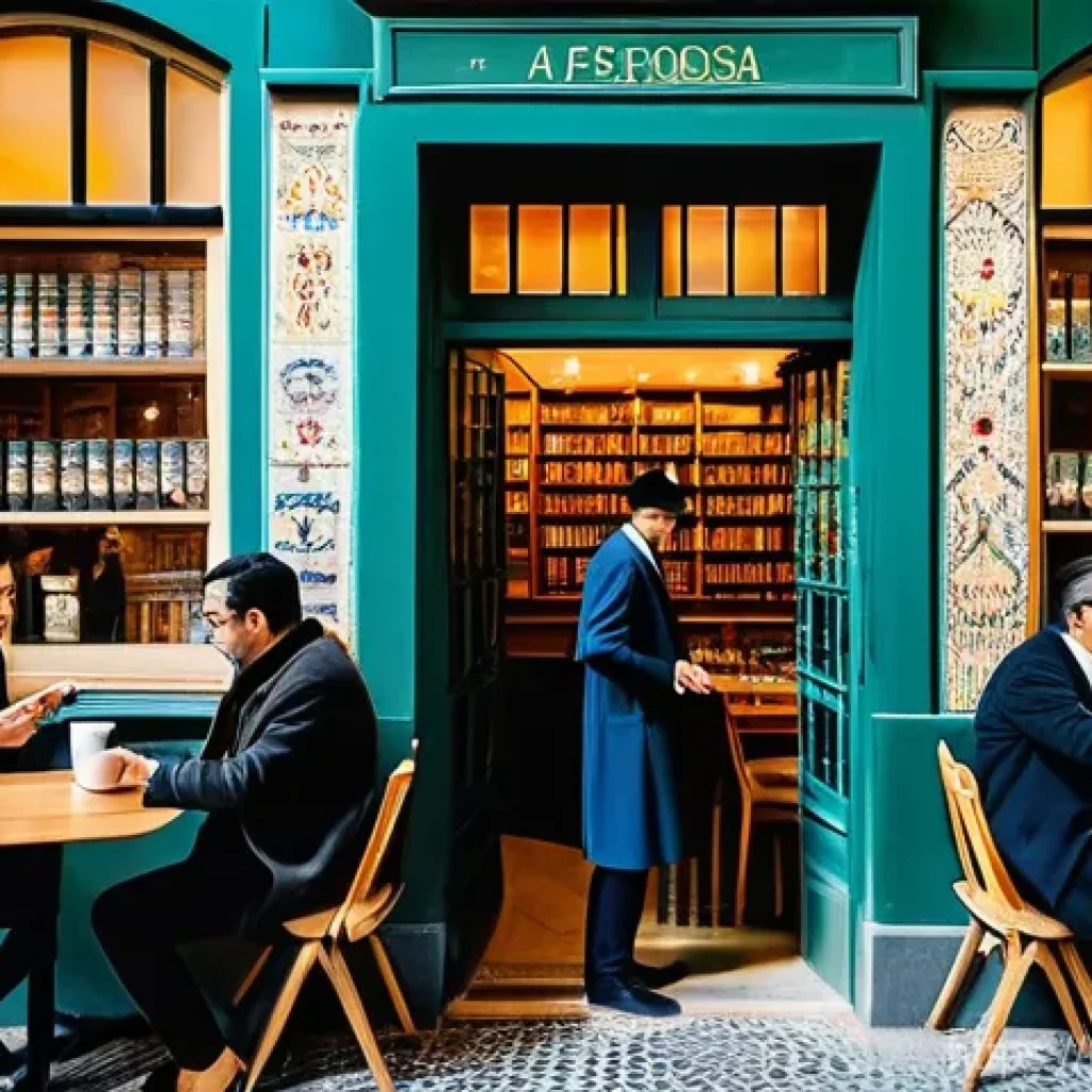 사전 업데이트 - **Prompt:** "A vibrant, cozy Portuguese bookstore or cafe in Lisbon, bustling with diverse individua...