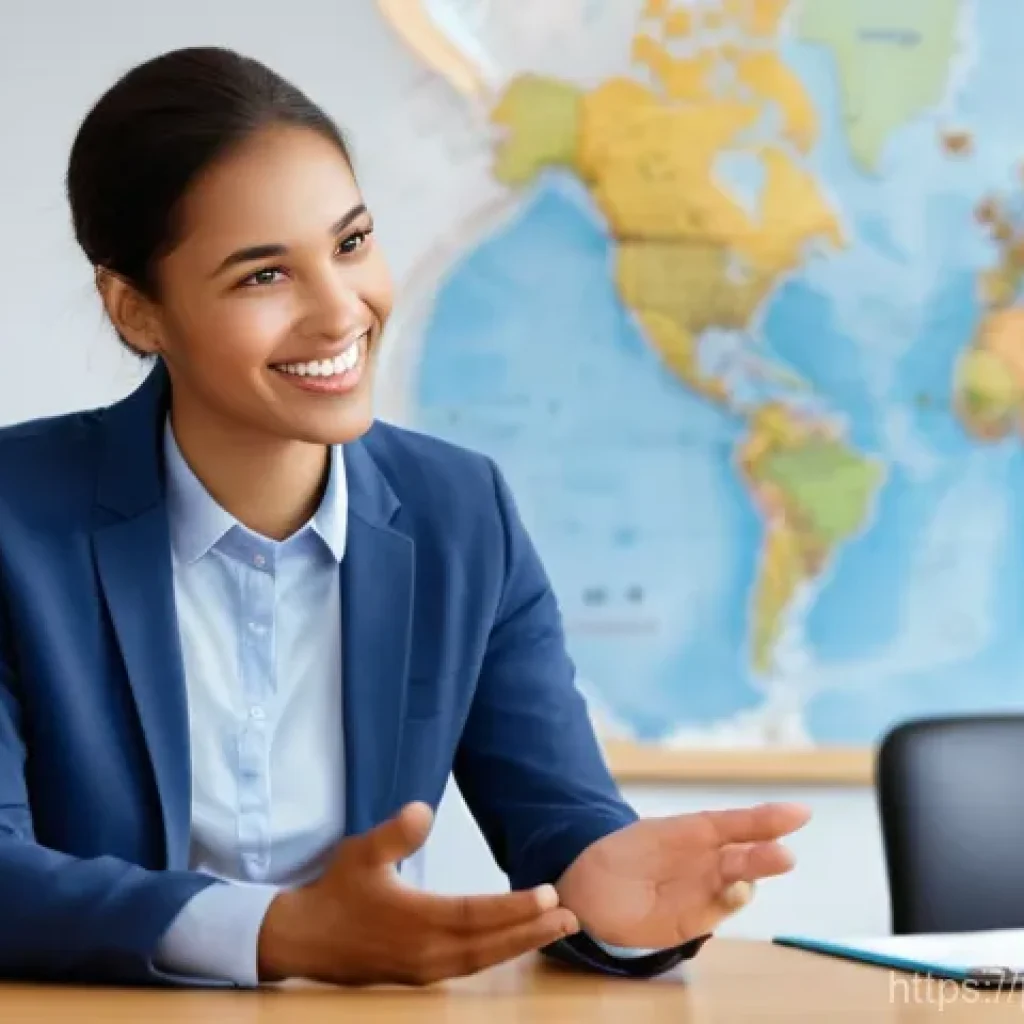 다문화 용어집 - **Prompt:** A young, enthusiastic woman in her late 20s, dressed in stylish but modest business casu...