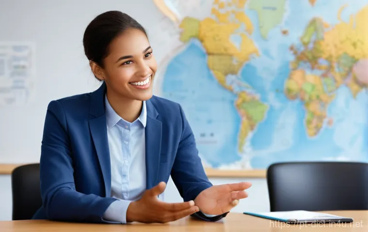 다문화 용어집 - **Prompt:** A young, enthusiastic woman in her late 20s, dressed in stylish but modest business casu...