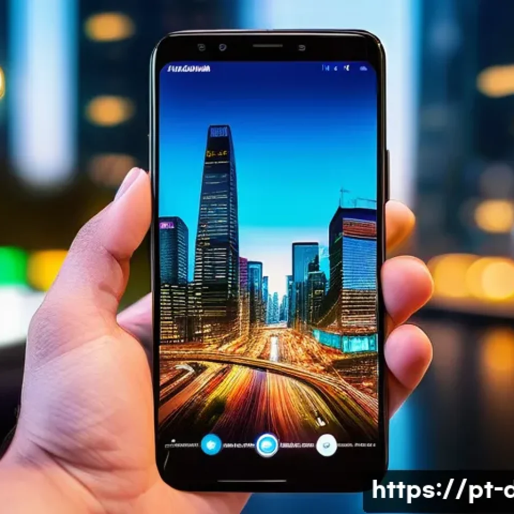 모바일 용어집 - A sleek modern smartphone held in a hand with a vivid AMOLED screen displaying a colorful social med...