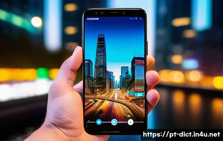 모바일 용어집 - A sleek modern smartphone held in a hand with a vivid AMOLED screen displaying a colorful social med...