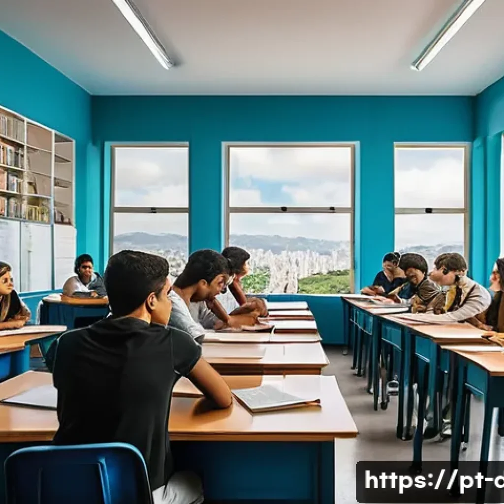 철학 용어집 - A thoughtful scene of a modern Brazilian university classroom where diverse young adults engage in a...