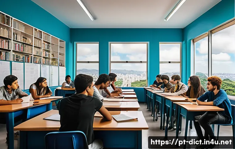 철학 용어집 - A thoughtful scene of a modern Brazilian university classroom where diverse young adults engage in a...