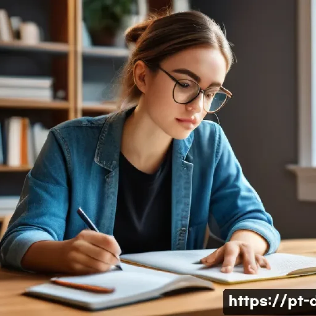 심리학적 용어집 - A detailed, realistic illustration of a young adult woman sitting at a desk in a modern home office,...
