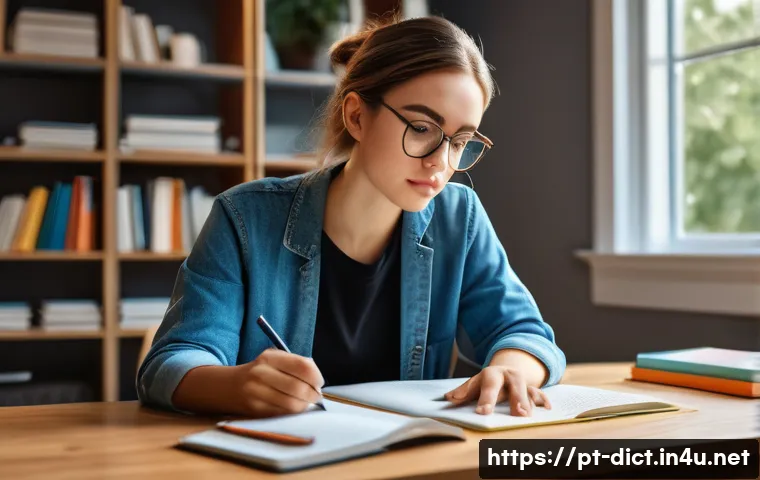 심리학적 용어집 - A detailed, realistic illustration of a young adult woman sitting at a desk in a modern home office,...