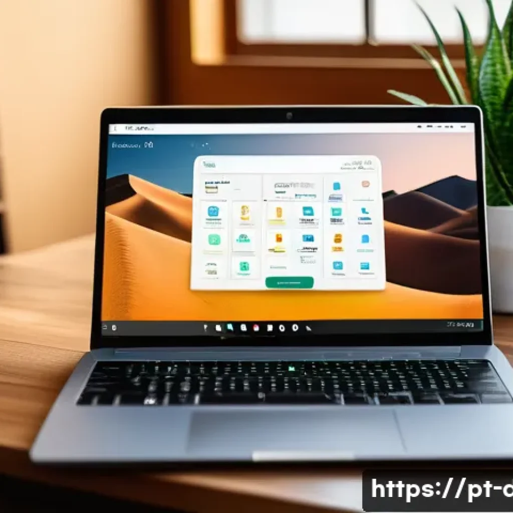 온라인 용어집 편집 - A modern, clean digital glossary interface displayed on a sleek laptop screen in a cozy home office ...