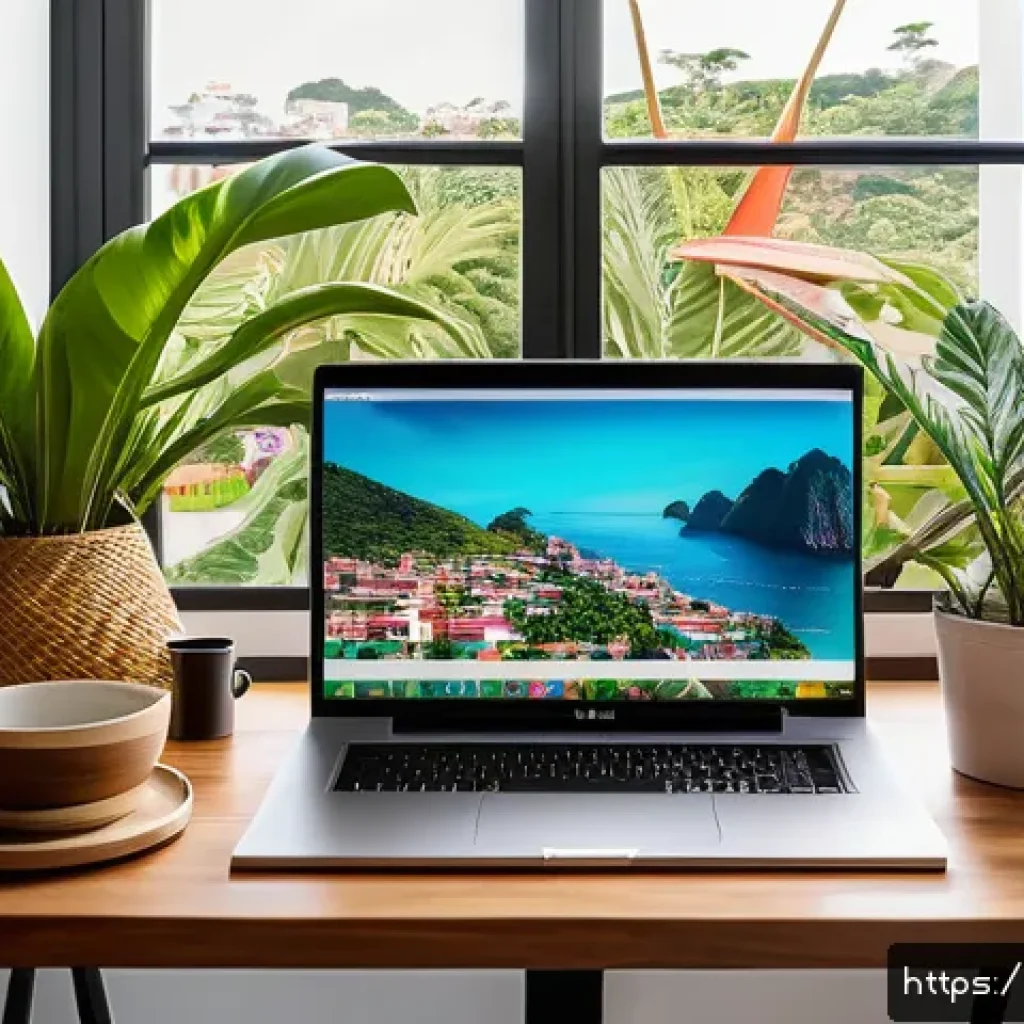 검색 최적화 용어집 - A modern home office setup in Brazil, featuring a sleek laptop displaying SEO analytics and keyword ...