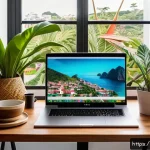 Home 22 검색 최적화 용어집 - A modern home office setup in Brazil, featuring a sleek laptop displaying SEO analytics and keyword ...
