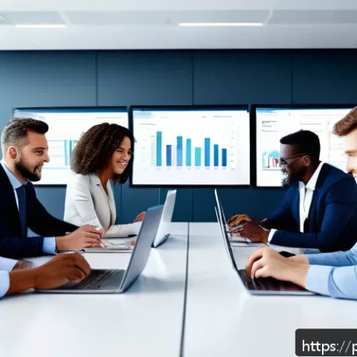 Home 33 용어집 관리 시스템 - A modern corporate office scene showing diverse teams from different departments collaborating aroun...