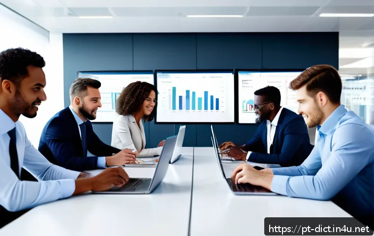 용어집 관리 시스템 - A modern corporate office scene showing diverse teams from different departments collaborating aroun...