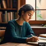 Home 20 정신분석 용어집 - A thoughtful adult woman sitting peacefully in a cozy, softly lit room filled with books and plants,...