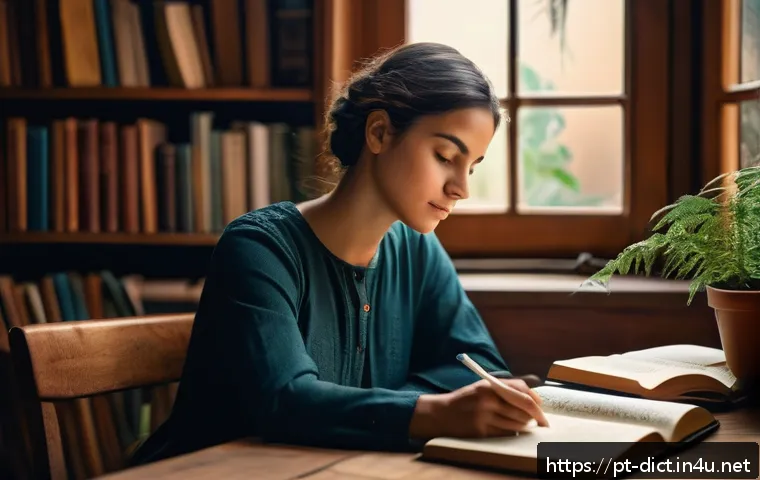 정신분석 용어집 - A thoughtful adult woman sitting peacefully in a cozy, softly lit room filled with books and plants,...