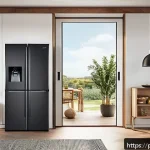기술 발전과 용어집 - A modern Brazilian home interior showcasing the Internet of Things (IoT) in action: smart appliances...